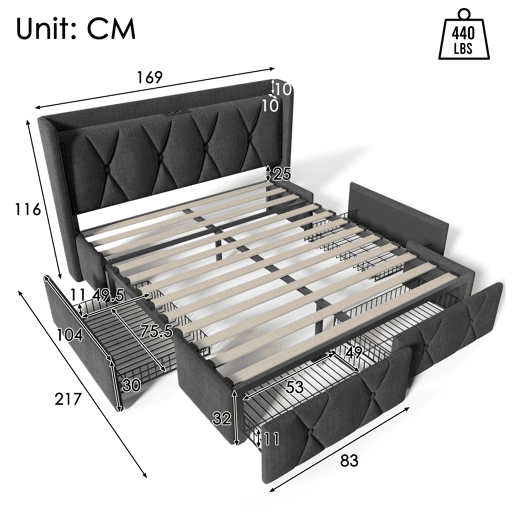 Cama de casal de linho 160x200cm com 4 gavetas,cinzento
