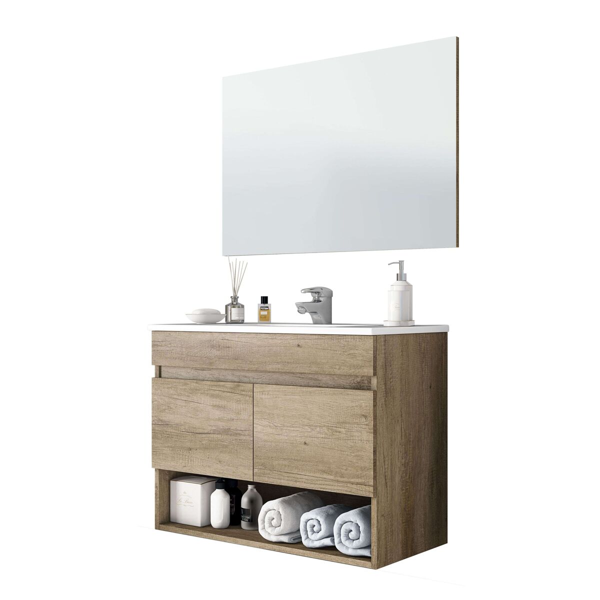 Mueble de baño estilo natural en color roble nordik con 1 hueco de almacenamiento y 2 puertas 80x64x45 cm (lavabo opcional)