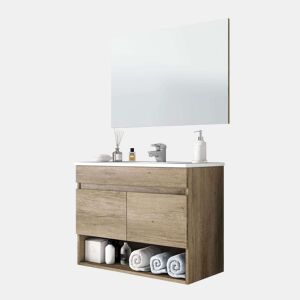 Móvel de banheiro suspenso com 2 portas e espelho, móvel suspenso com pia de PMMA em carvalho Nordik, 80x64x45 cm