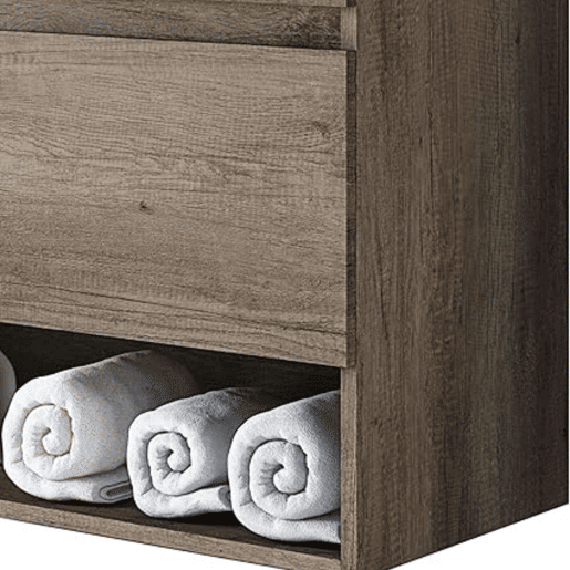 Móvel de banheiro suspenso com 2 portas e espelho, móvel suspenso com pia de PMMA em carvalho Nordik, 80x64x45 cm