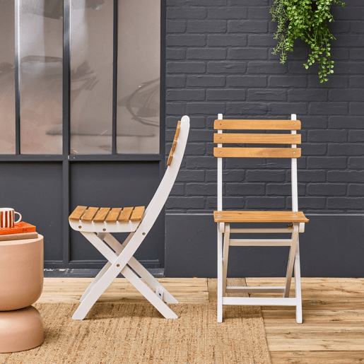 Cadeira de jardim dobrável de acácia, set de 2, Calena, Branco, 40x103.5x12 cm