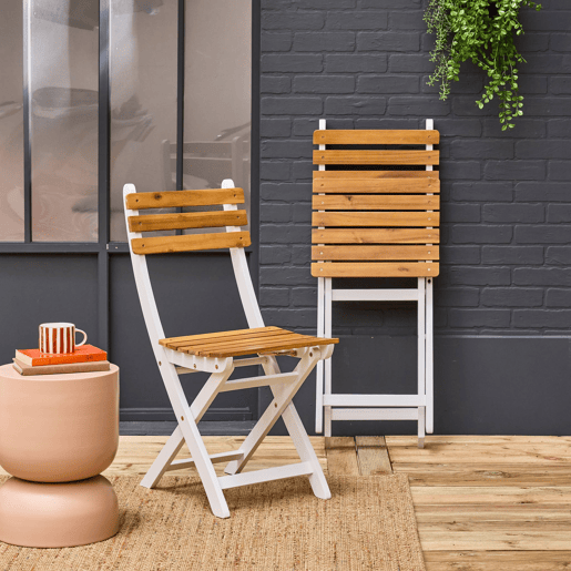Cadeira de jardim dobrável de acácia, set de 2, Calena, Branco, 40x103.5x12 cm