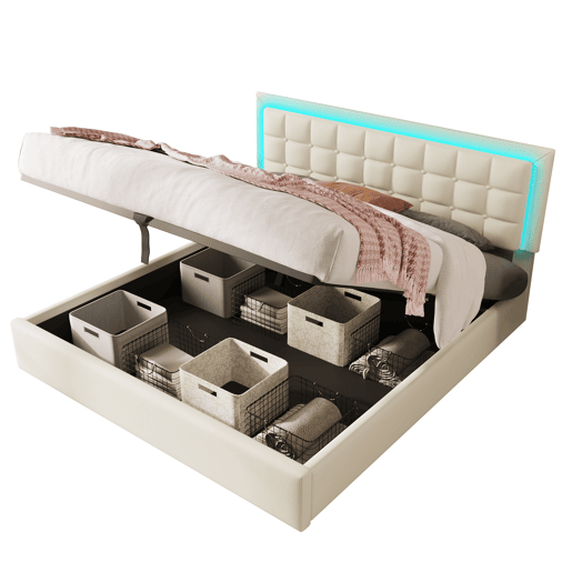 Cama de casal de pu 180x200cm com armazenamento e luz led,branco