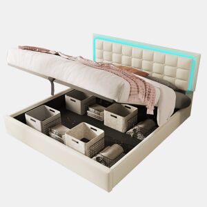 Cama de casal de pu 180x200cm com armazenamento e luz led,branco