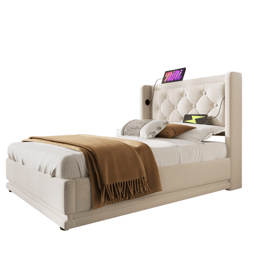 Cama de solteiro de algodão 90x200cm com armazenamento,luz led,bege