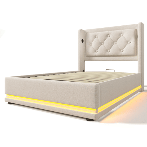 Cama de solteiro de algodão 90x200cm com armazenamento,luz led,bege
