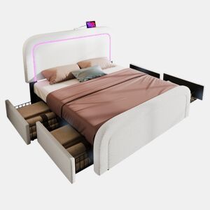 Cama de casal de pele sintética 140x200cm com 4 gavetas,luz led,branco