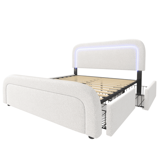 Cama de casal de pele sintética 140x200cm com 4 gavetas,luz led,branco