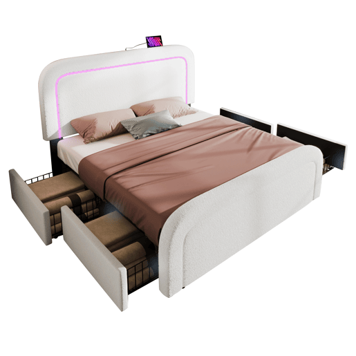 Cama de casal de pele sintética 160x200cm com 4 gavetas,luz led,branco