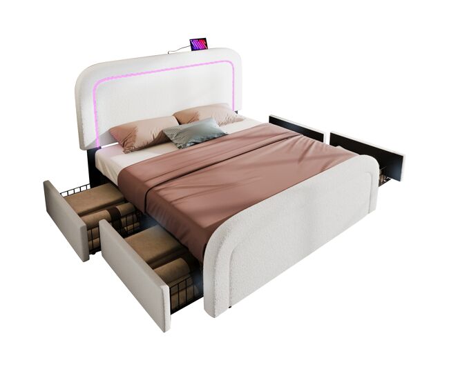 Cama de matrimonio de piel sintética 160x200cm con 4 cajones,luz led,blanco