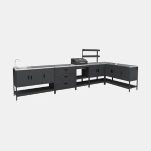 Cozinha externa 6 módulos aço inoxidável com churrasqueira a carvão, Naxos churrasco a carvão + 5 módulos, Preto, 60x58.5x138 cm
