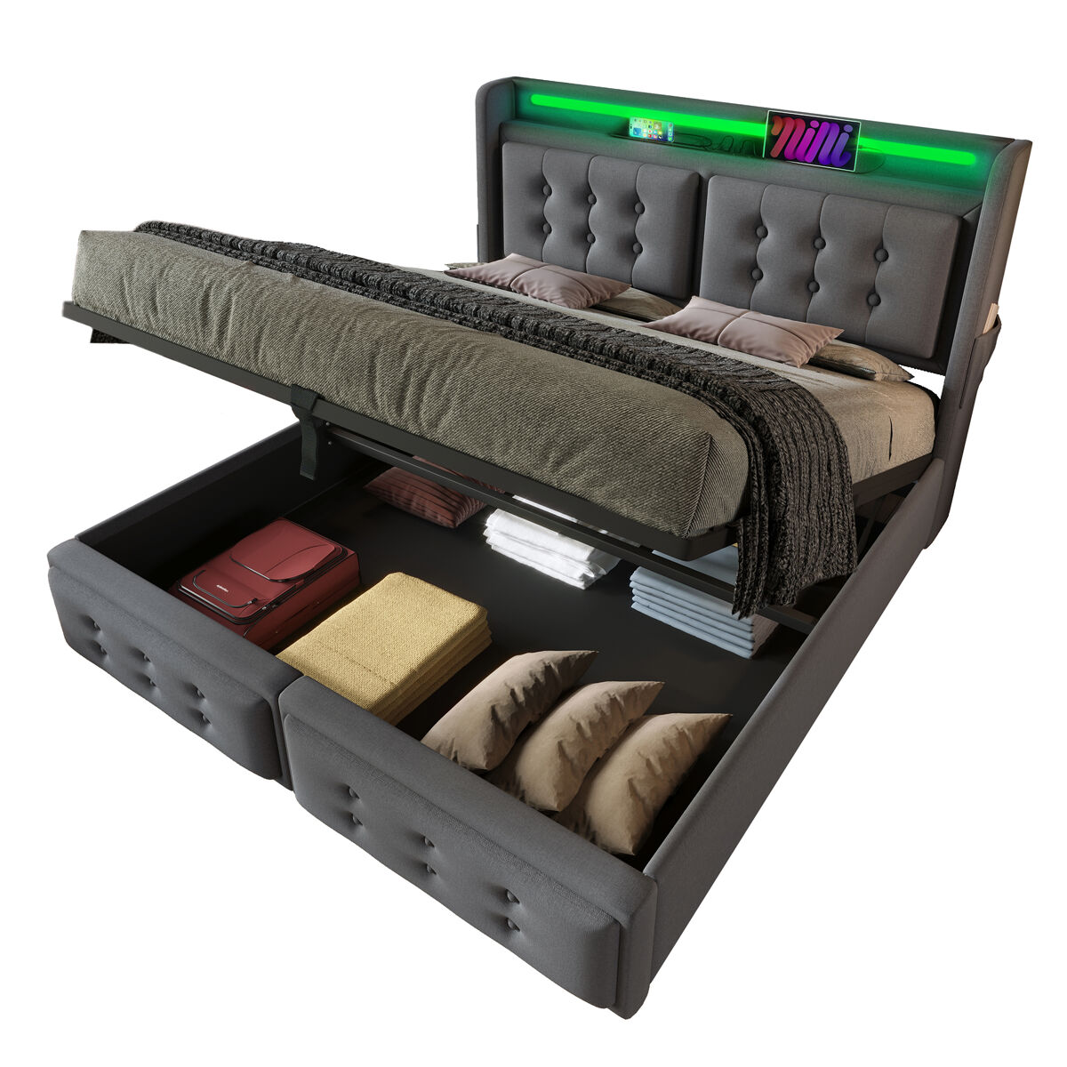Cama de matrimonio de algodón y lino con almacenaje 141x222