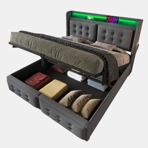 Cama de casal de algodão e linho 140x200cm com armazenamento,luz led,cinzento