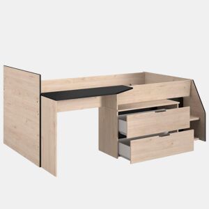 Cama Valky com escrivaninha, 2 gavetas, quarto infantil, cor carvalho e preto, móveis de quarto, 90x200190 cm