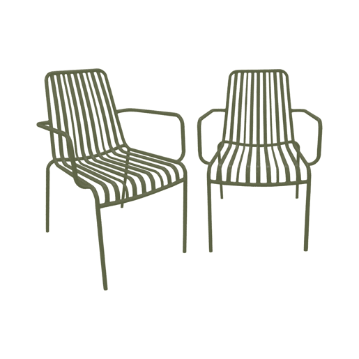 Cadeira de jardim empilhável em aço, set de 2, Florida, Verde caqui, 59x53.5x78 cm