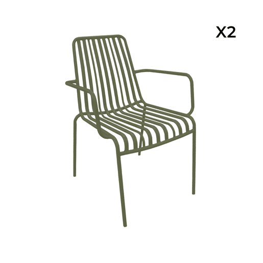 Cadeira de jardim empilhável em aço, set de 2, Florida, Verde caqui, 59x53.5x78 cm