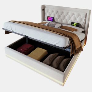 Cama de casal de algodão 160x200cm com armazenamento,luz led,bege