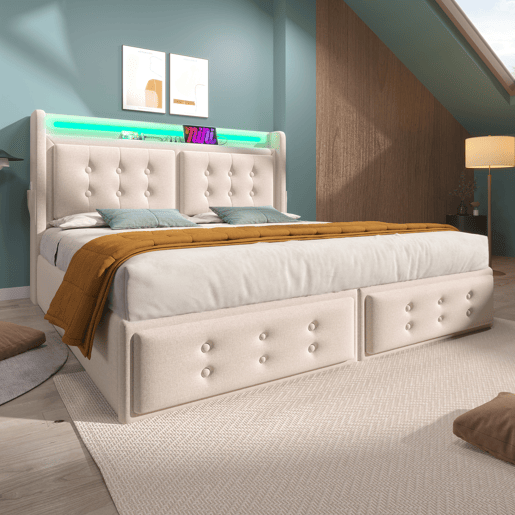 Cama de casal de algodão e linho 160x200cm com armazenamento,luz led,bege