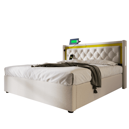 Cama de casal de algodão 140x200cm com armazenamento,luz led,bege