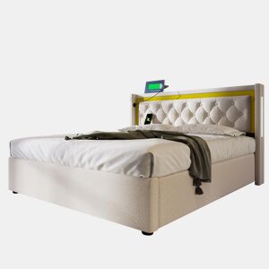 Cama de casal de algodão 140x200cm com armazenamento,luz led,bege