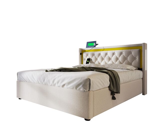 Cama de matrimonio de algodón 140x200cm con almacenaje,luz led,beige