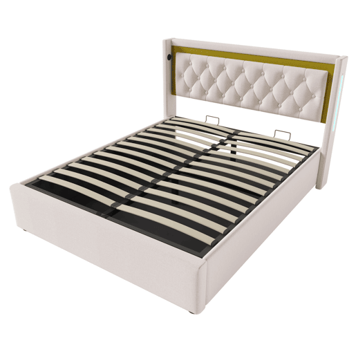 Cama de casal de algodão 140x200cm com armazenamento,luz led,bege