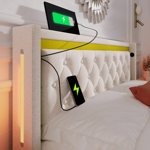 Cama de casal de algodão 140x200cm com armazenamento,luz led,bege