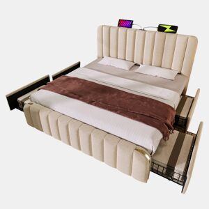Cama de casal de linho 140x200cm com 4 gavetas,bege
