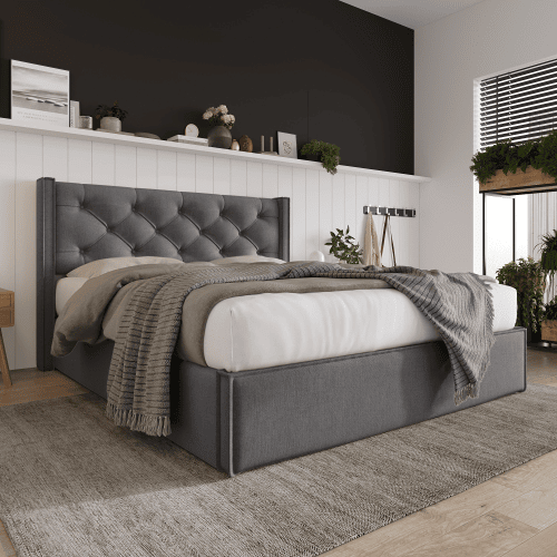 Cama de casal de algodão 160x200cm com armazenamento,cinza escuro
