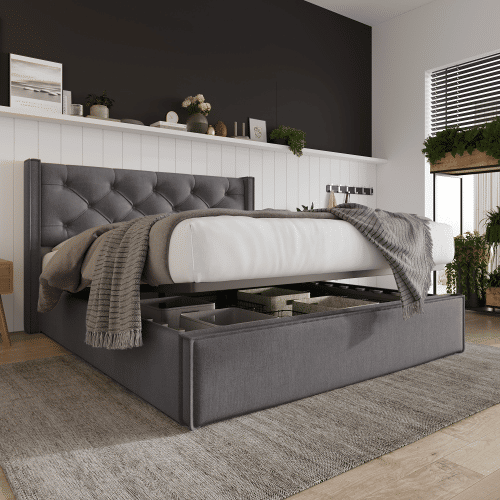 Cama de casal de algodão 160x200cm com armazenamento,cinza escuro