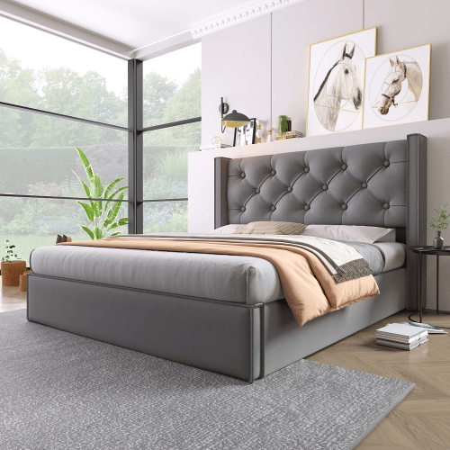 Cama de casal de algodão 160x200cm com armazenamento,cinza escuro