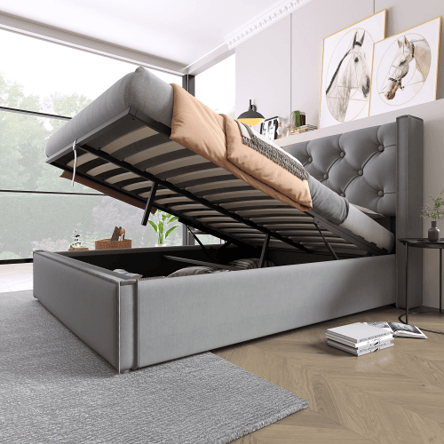 Cama de casal de algodão 160x200cm com armazenamento,cinza escuro