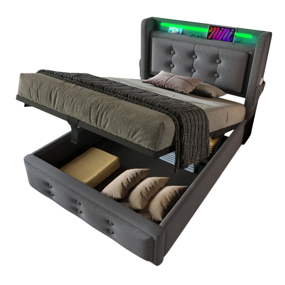 Cama individual de algodón y lino con almacenaje 91x222 Gris