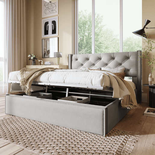 Cama de casal de algodão 140x200cm com armazenamento,cinza claro
