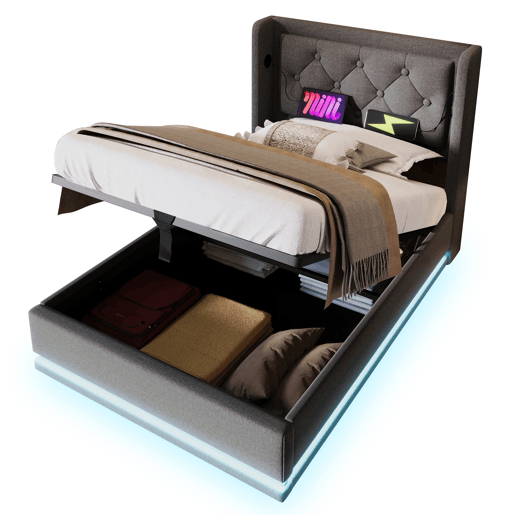 Cama de solteiro de algodão 90x200cm com armazenamento,luz led,cinzento Cama de solteiro de algodão 90x200cm com armazenamento,luz led,cinzento