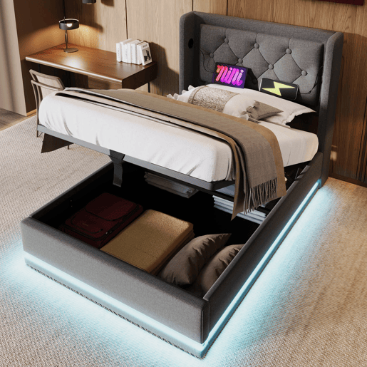 Cama de solteiro de algodão 90x200cm com armazenamento,luz led,cinzento Cama de solteiro de algodão 90x200cm com armazenamento,luz led,cinzento