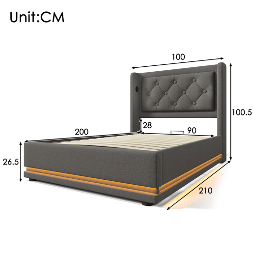 Cama de solteiro de algodão 90x200cm com armazenamento,luz led,cinzento Cama de solteiro de algodão 90x200cm com armazenamento,luz led,cinzento