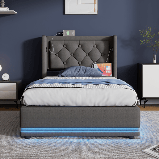 Cama de solteiro de algodão 90x200cm com armazenamento,luz led,cinzento Cama de solteiro de algodão 90x200cm com armazenamento,luz led,cinzento