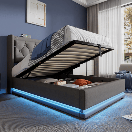 Cama de solteiro de algodão 90x200cm com armazenamento,luz led,cinzento Cama de solteiro de algodão 90x200cm com armazenamento,luz led,cinzento
