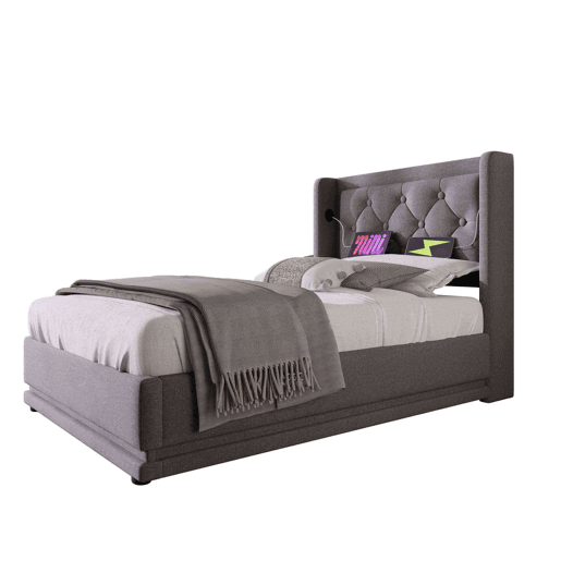 Cama de solteiro de algodão 90x200cm com armazenamento,luz led,cinzento Cama de solteiro de algodão 90x200cm com armazenamento,luz led,cinzento