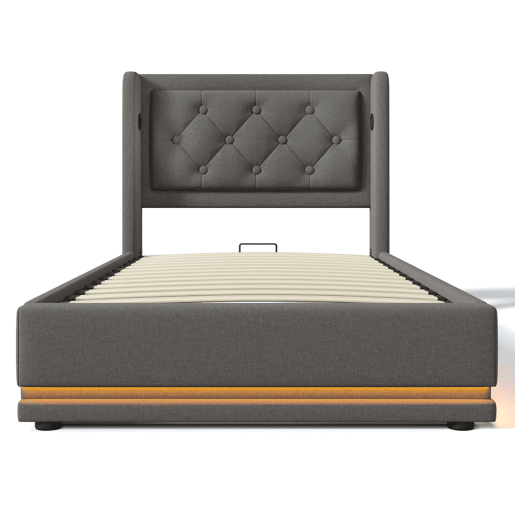 Cama de solteiro de algodão 90x200cm com armazenamento,luz led,cinzento Cama de solteiro de algodão 90x200cm com armazenamento,luz led,cinzento