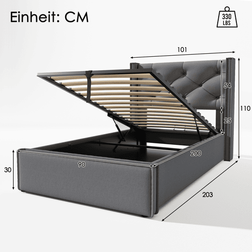 Cama de solteiro de algodão 90x200cm com armazenamento,cinzento oscuro