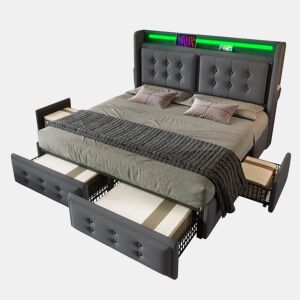Cama de casal de algodão e linho 160x200cm com 4 gavetas,luz led,cinzento