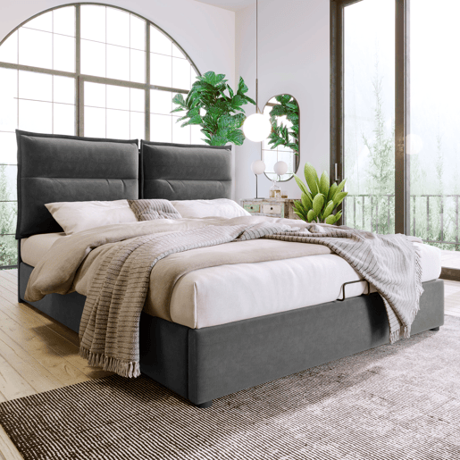 Cama de casal de veludo 140x200cm com armazenamento,cinzento