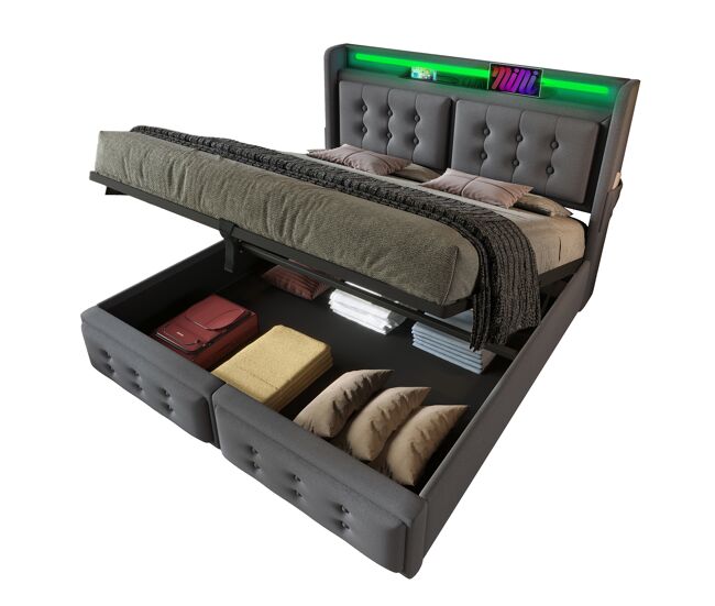 Cama de matrimonio de algodón y lino con almacenaje 161x222