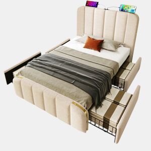 Cama de solteiro de linho 90x200cm com 4 gavetas,bege