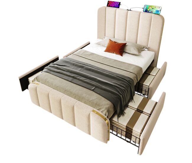 Cama individual de lino 90x200cm con 4 cajones,beige