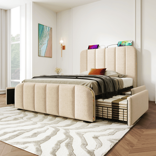 Cama de solteiro de linho 90x200cm com 4 gavetas,bege Cama de solteiro de linho 90x200cm com 4 gavetas,bege