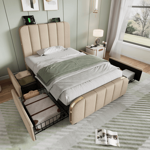 Cama de solteiro de linho 90x200cm com 4 gavetas,bege Cama de solteiro de linho 90x200cm com 4 gavetas,bege