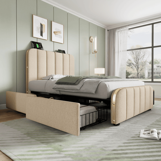 Cama de solteiro de linho 90x200cm com 4 gavetas,bege Cama de solteiro de linho 90x200cm com 4 gavetas,bege